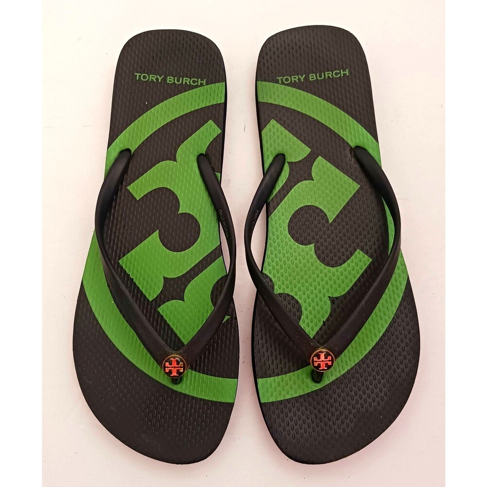 Tory Burch Emory Thong Flips Flops Navy Blue/Kelly Green Gold Logo Sz 10/11